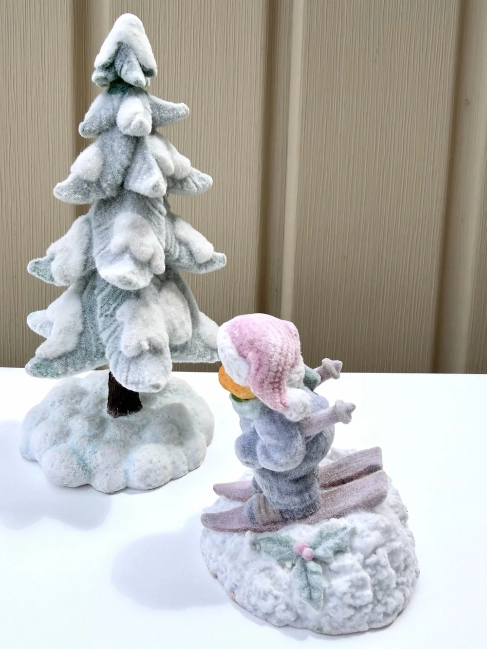 Vintage Flocked Snowy Tree & Skiing Bear Figurine Christmas Holiday Winter Decor